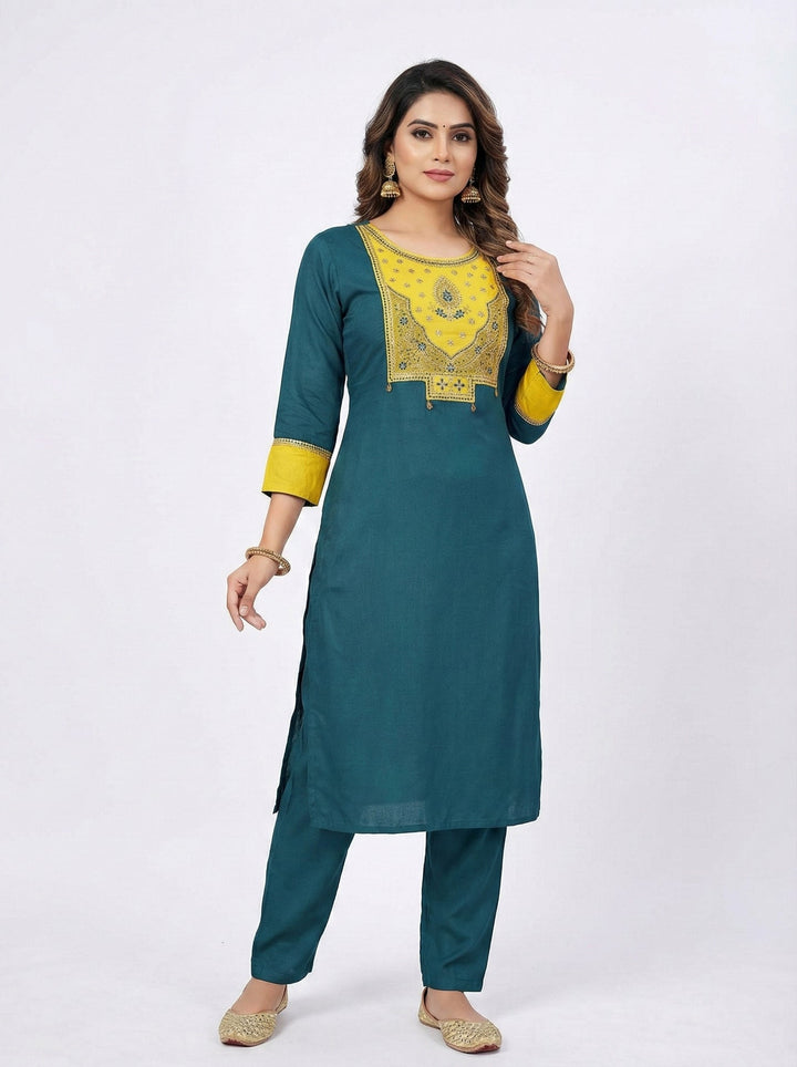 Neerus Green rayon straight suit set - front view