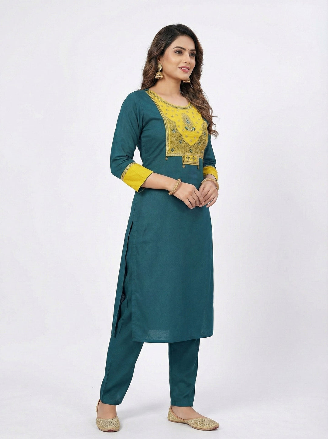 Neerus Green rayon straight suit set - back view