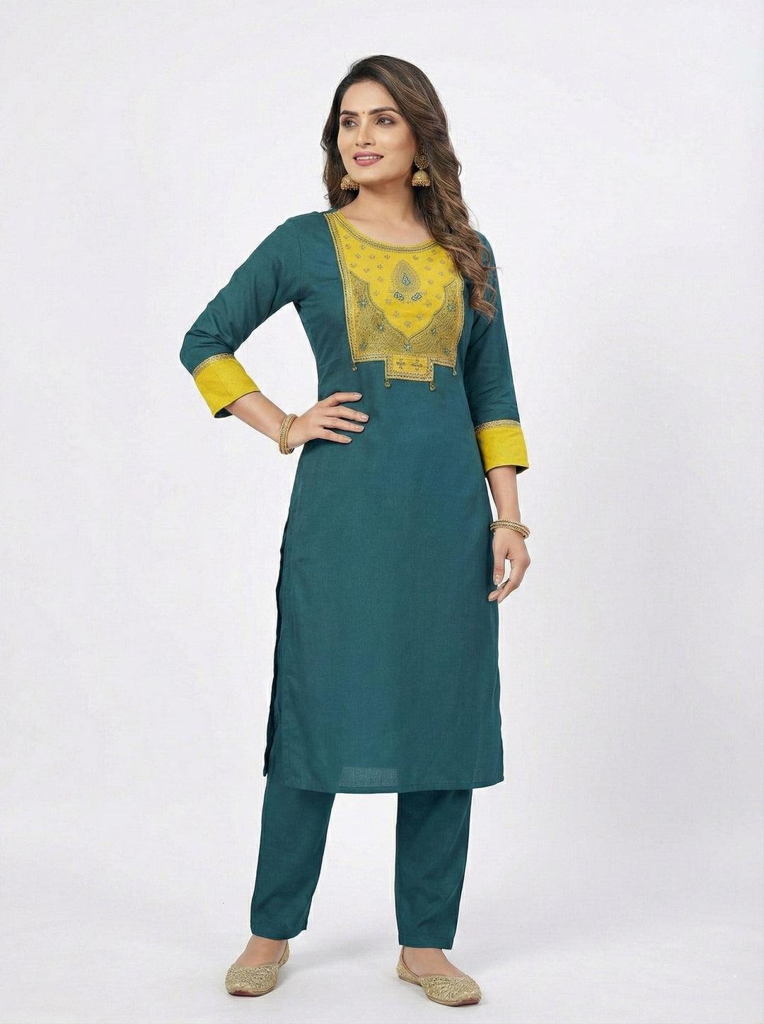 Neerus Green rayon straight suit set - detail view 1