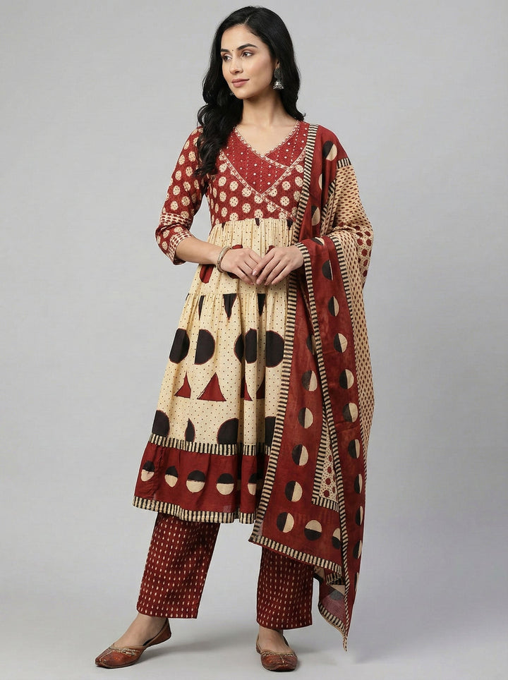 Neerus Maroon cotton digital printed suit set - front view