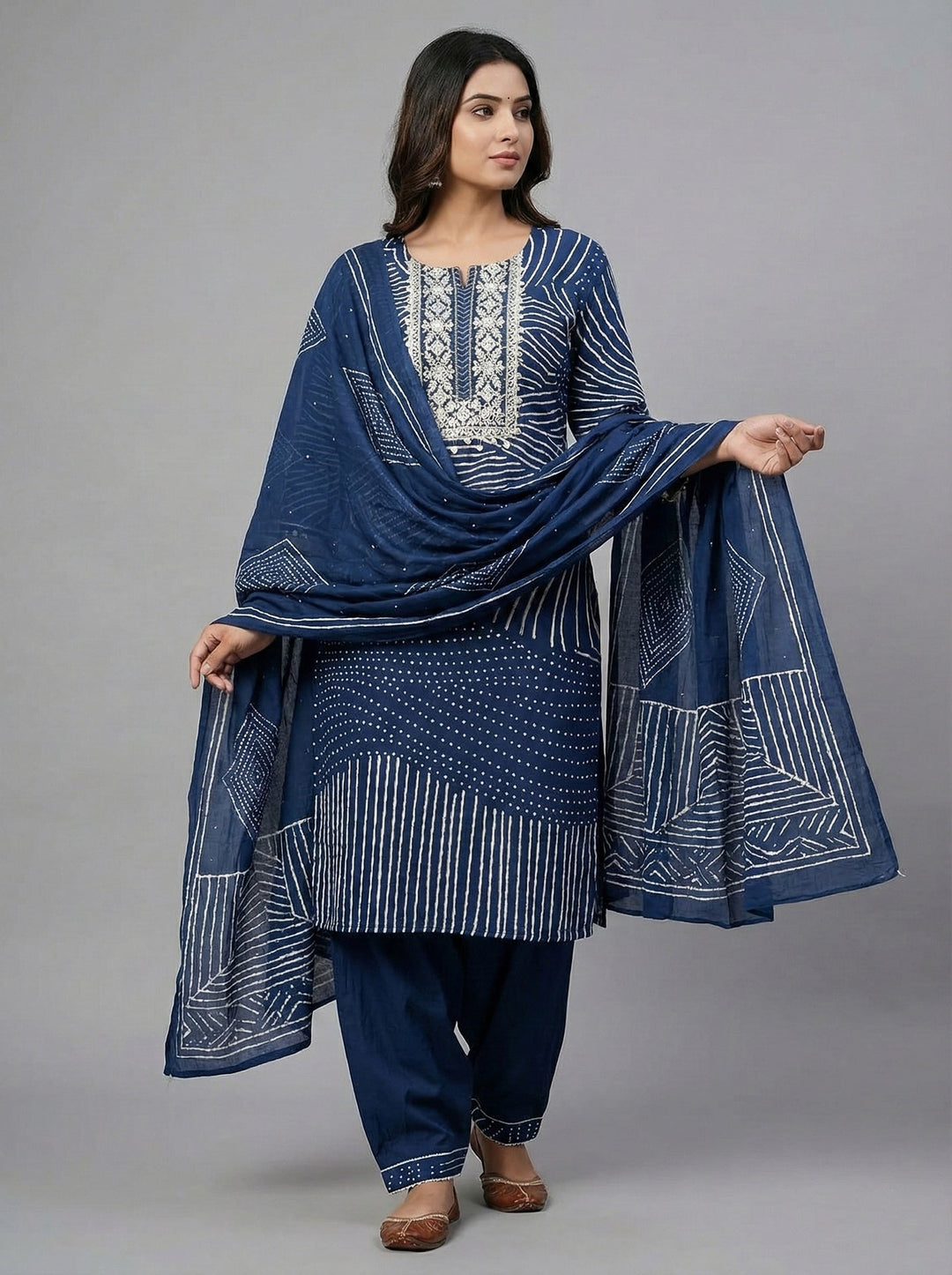 Neerus Blue cotton digital printed suit set - front view