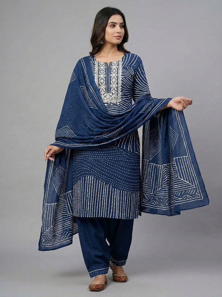 Neerus Blue cotton digital printed suit set - front view