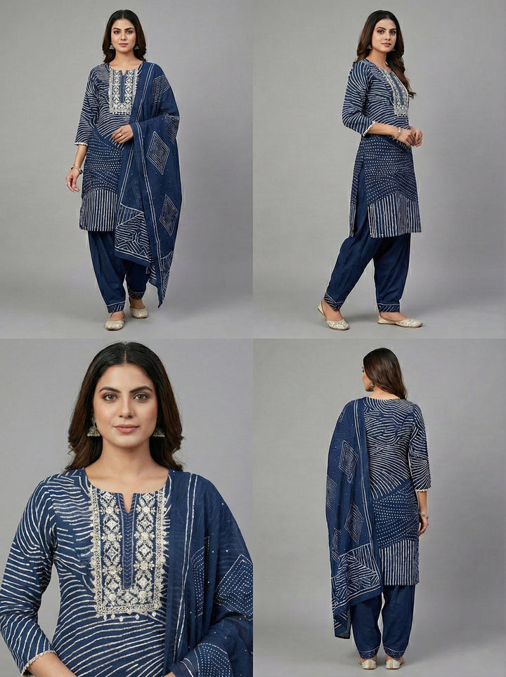 Neerus Blue cotton digital printed suit set - back view