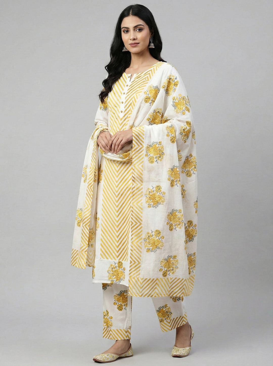 Neerus Yellow cotton printed suit set - front view