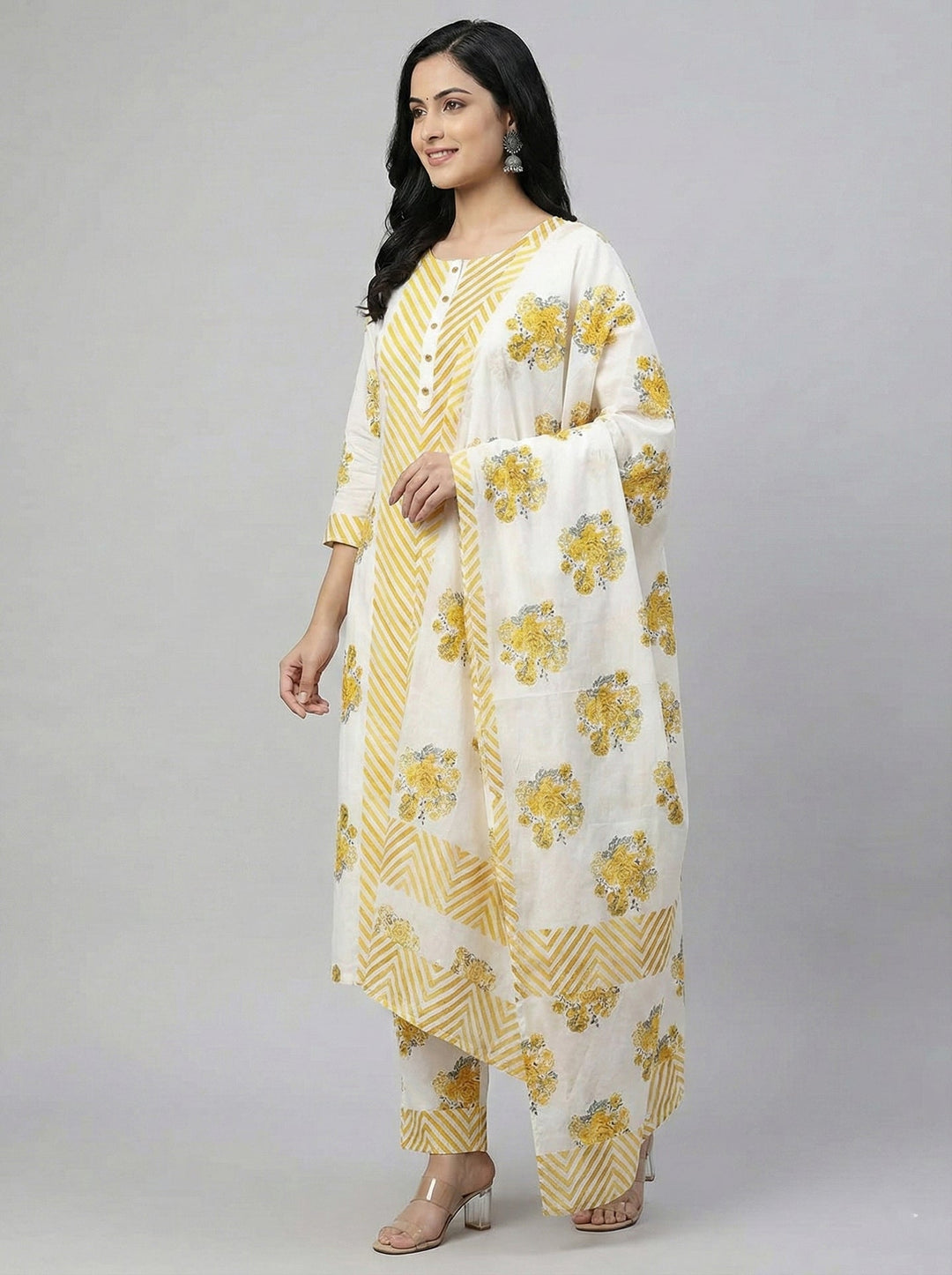 Neerus Yellow cotton printed suit set - back view