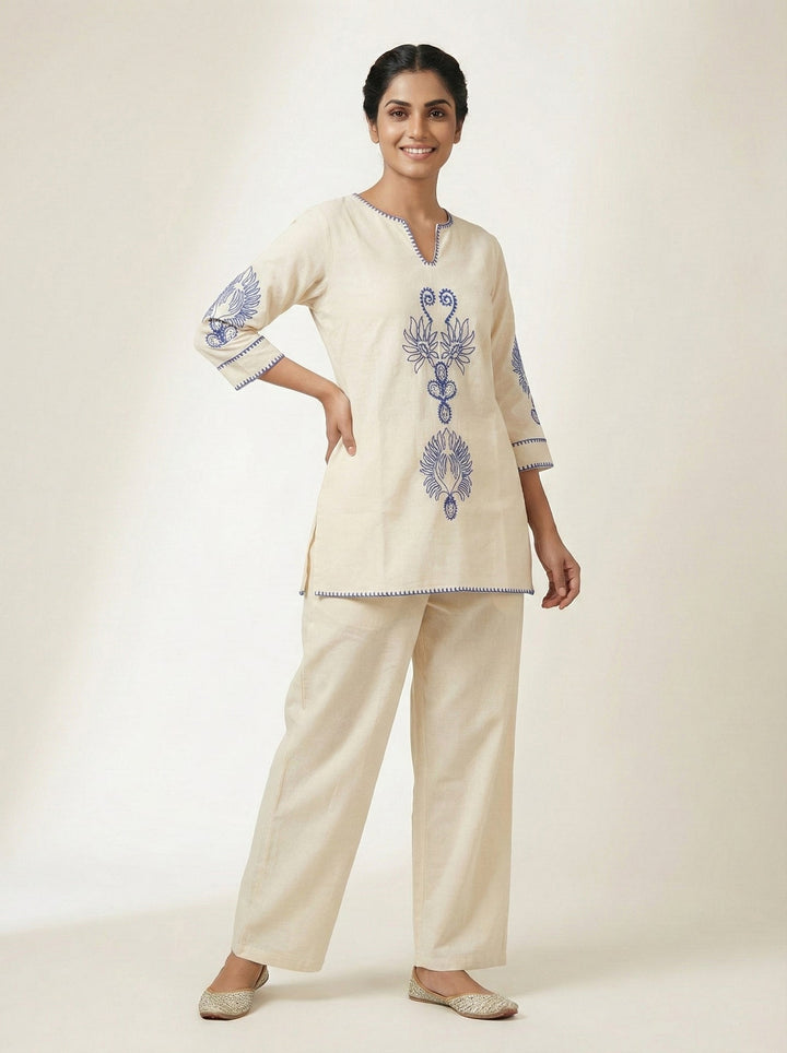 Neerus Beige cotton embroidered co-ord set - front view