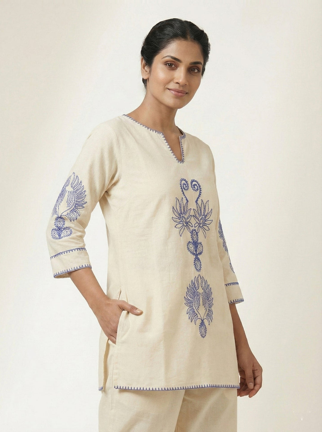 Neerus Beige cotton embroidered co-ord set - side view