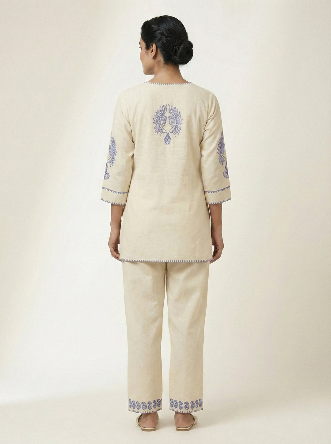 Neerus Beige cotton embroidered co-ord set - back view