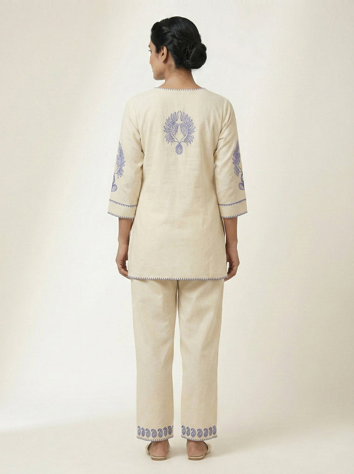 Neerus Beige cotton embroidered co-ord set - back view
