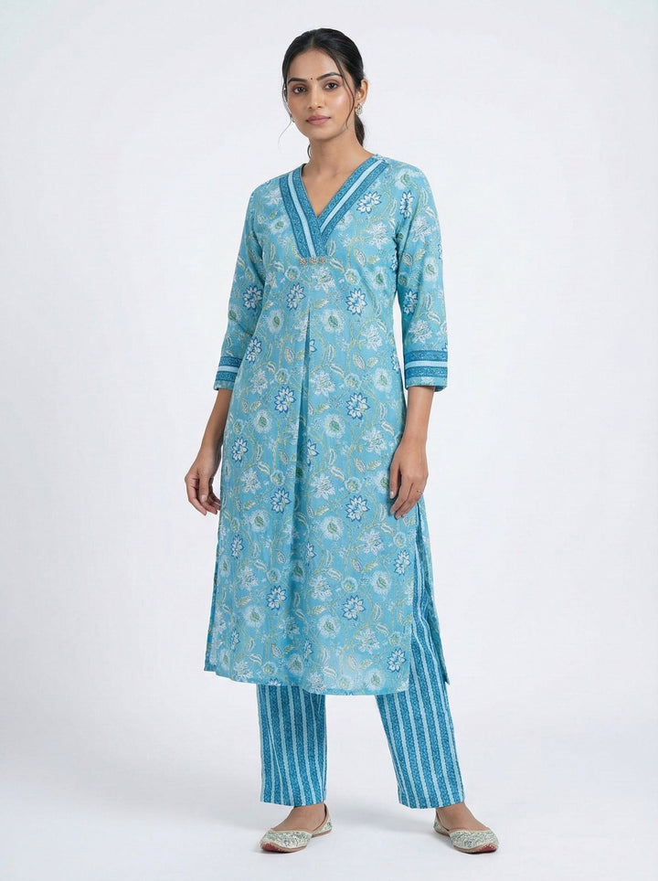 Neerus Blue cotton digital printed suit set - front view