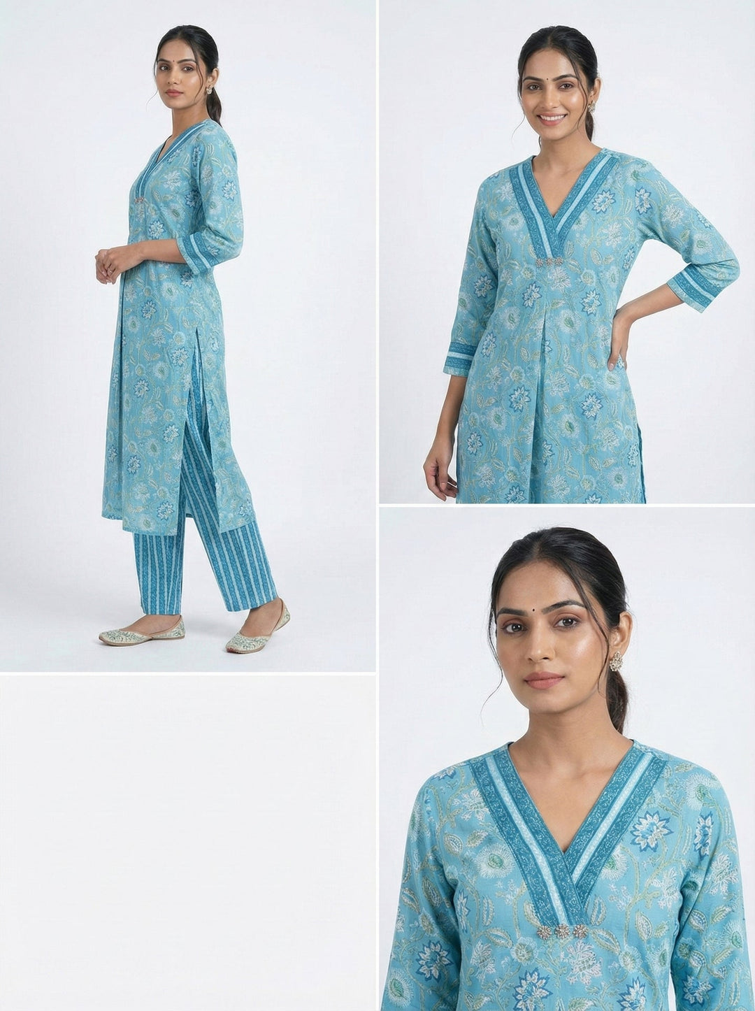 Neerus Blue cotton digital printed suit set - back view