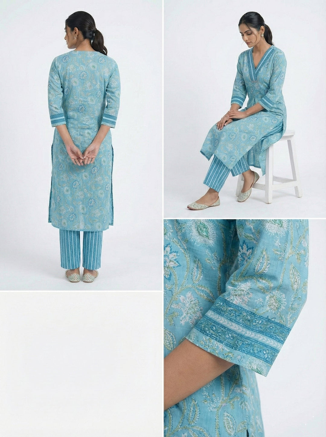 Neerus Blue cotton digital printed suit set - side view