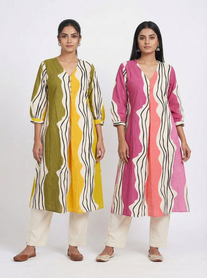 Neerus Pink cotton digital printed kurta - detail view 1
