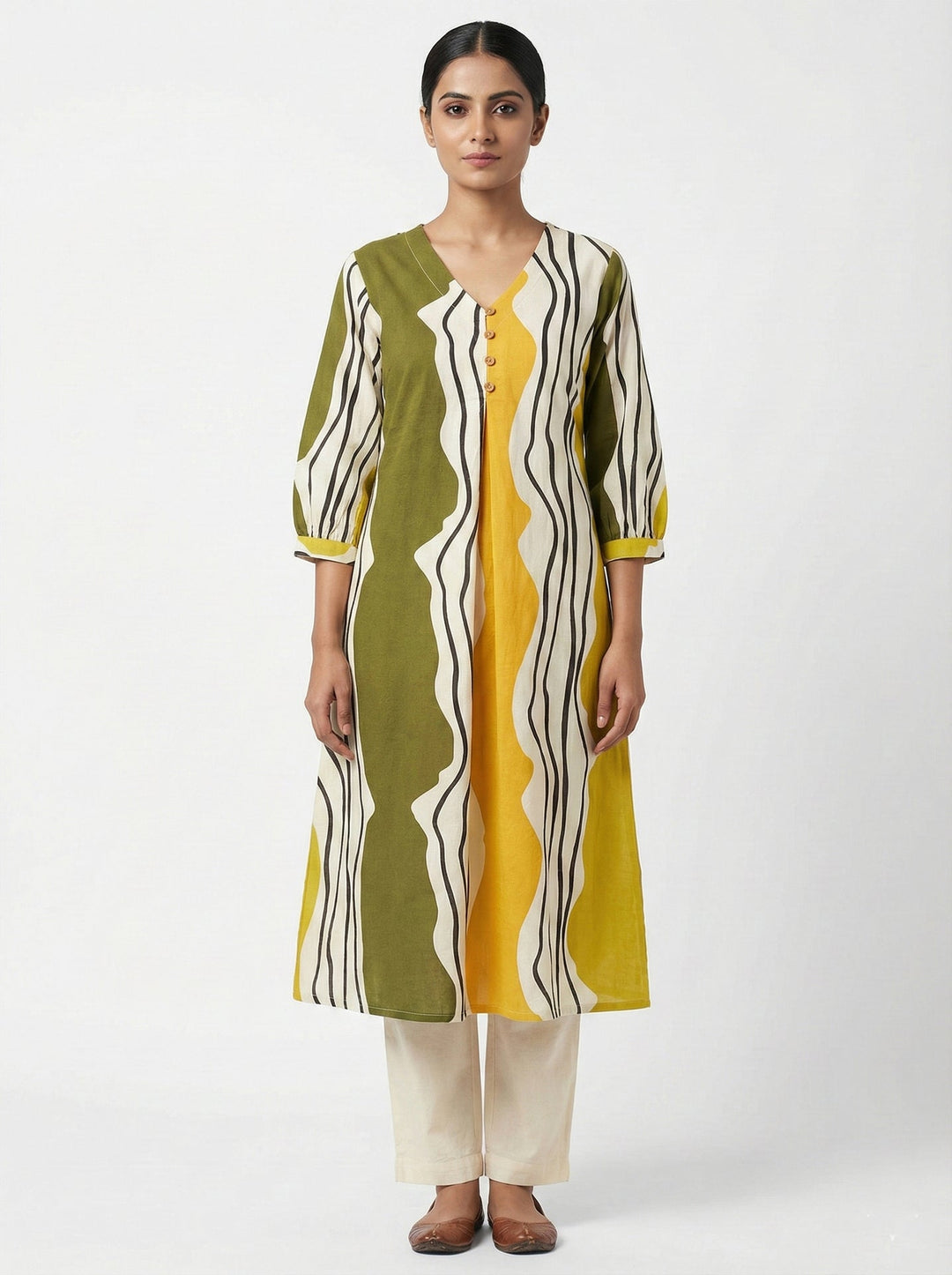 Neerus Green cotton digital printed kurta - front view