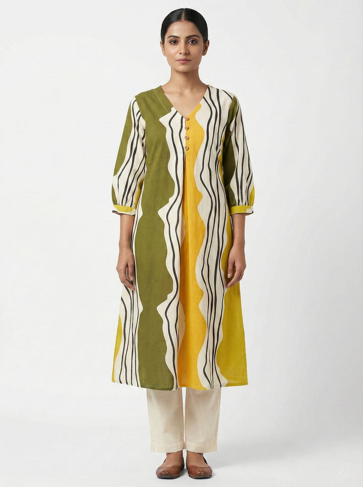 Neerus Green cotton digital printed kurta - front view