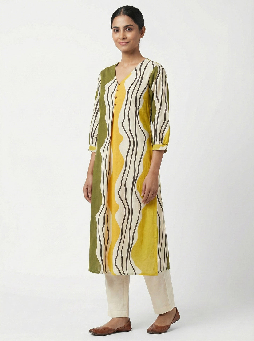 Neerus Green cotton digital printed kurta - back view