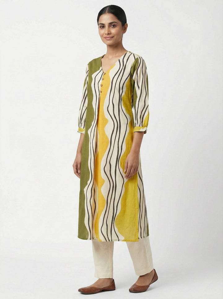 Neerus Green cotton digital printed kurta - back view