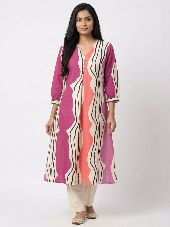 Neerus Pink cotton digital printed kurta - front view