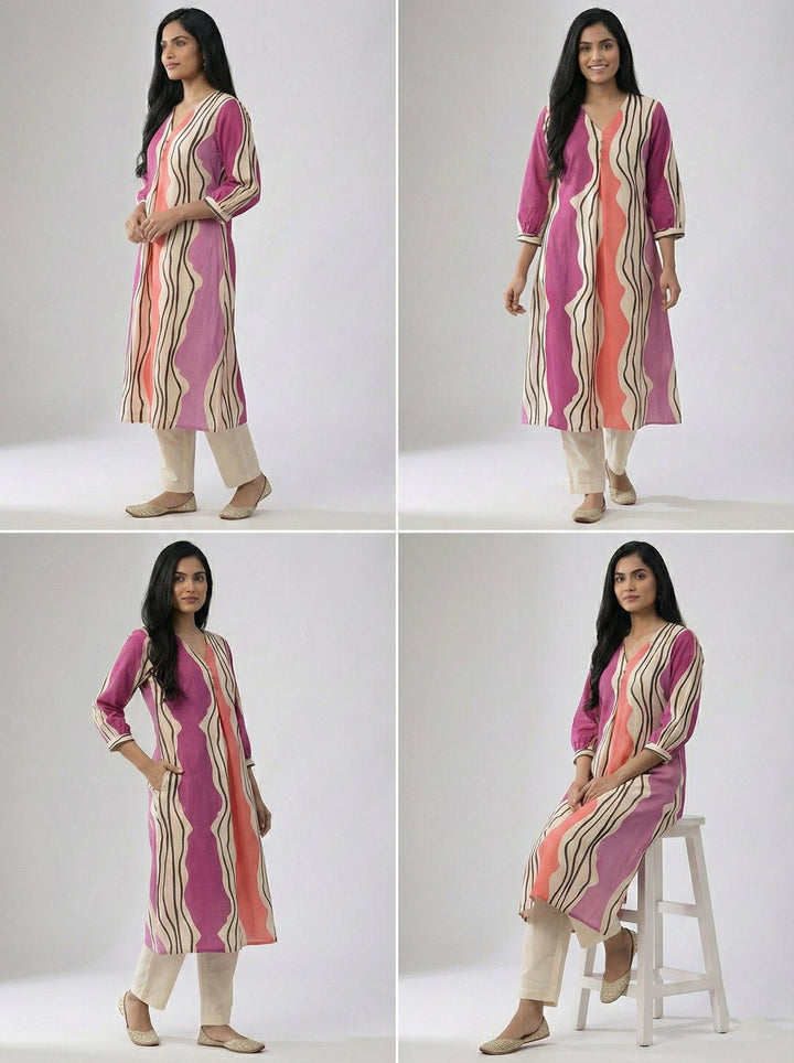 Neerus Pink cotton digital printed kurta - side view