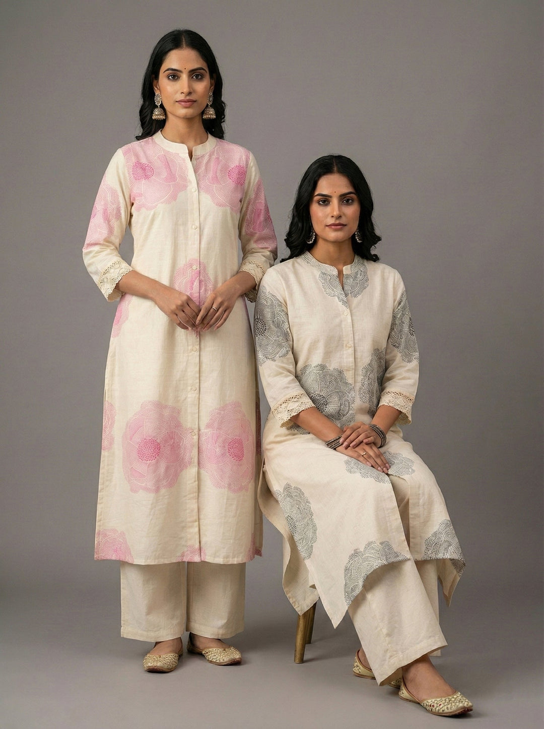 Neerus Pink cotton digital printed floral kurta - detail view 1