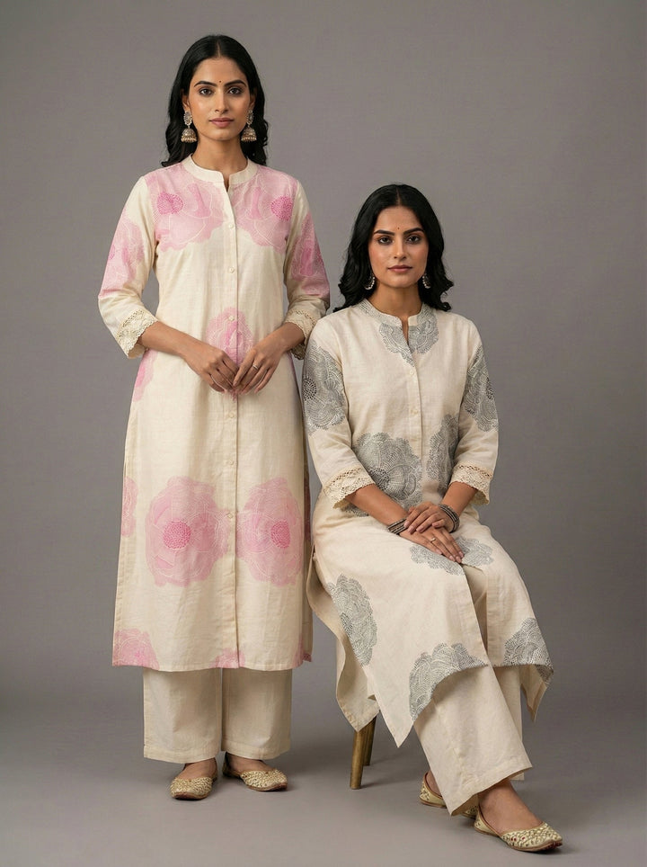 Neerus Pink cotton digital printed floral kurta - detail view 1