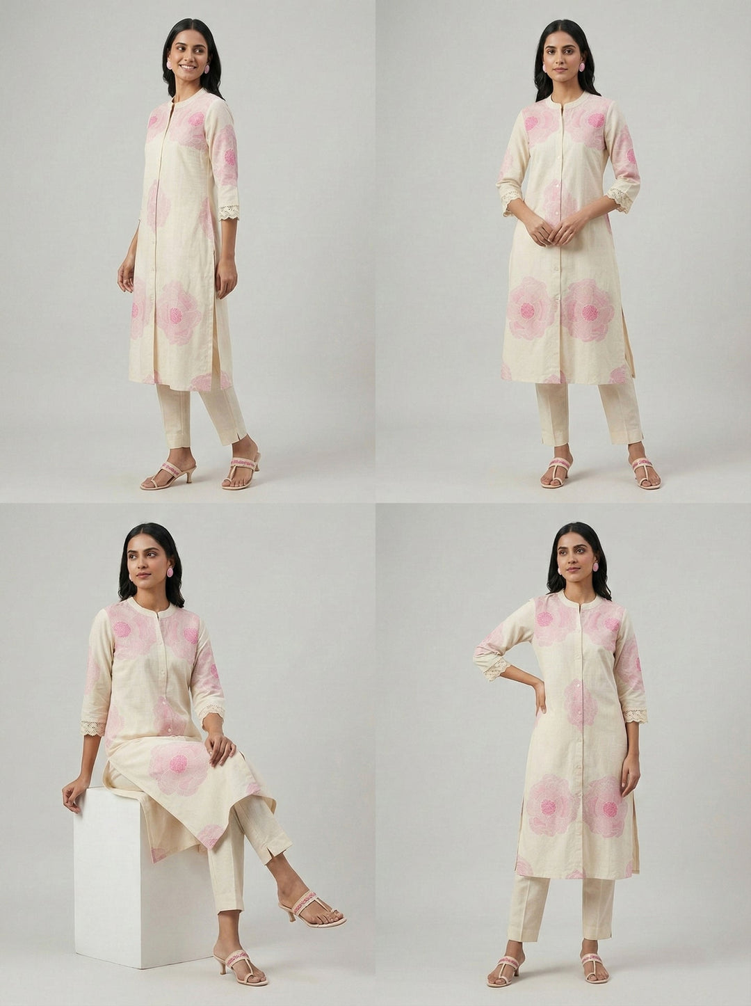 Neerus Pink cotton digital printed floral kurta - side view