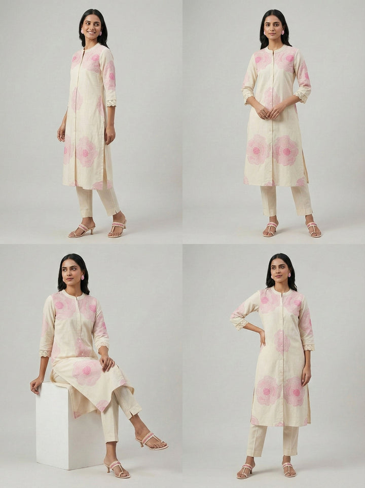 Neerus Pink cotton digital printed floral kurta - side view