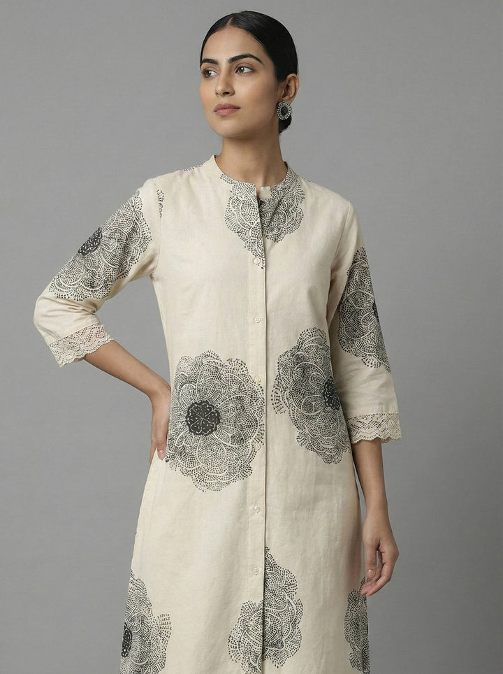 Neerus Grey cotton digital printed floral kurta - back view