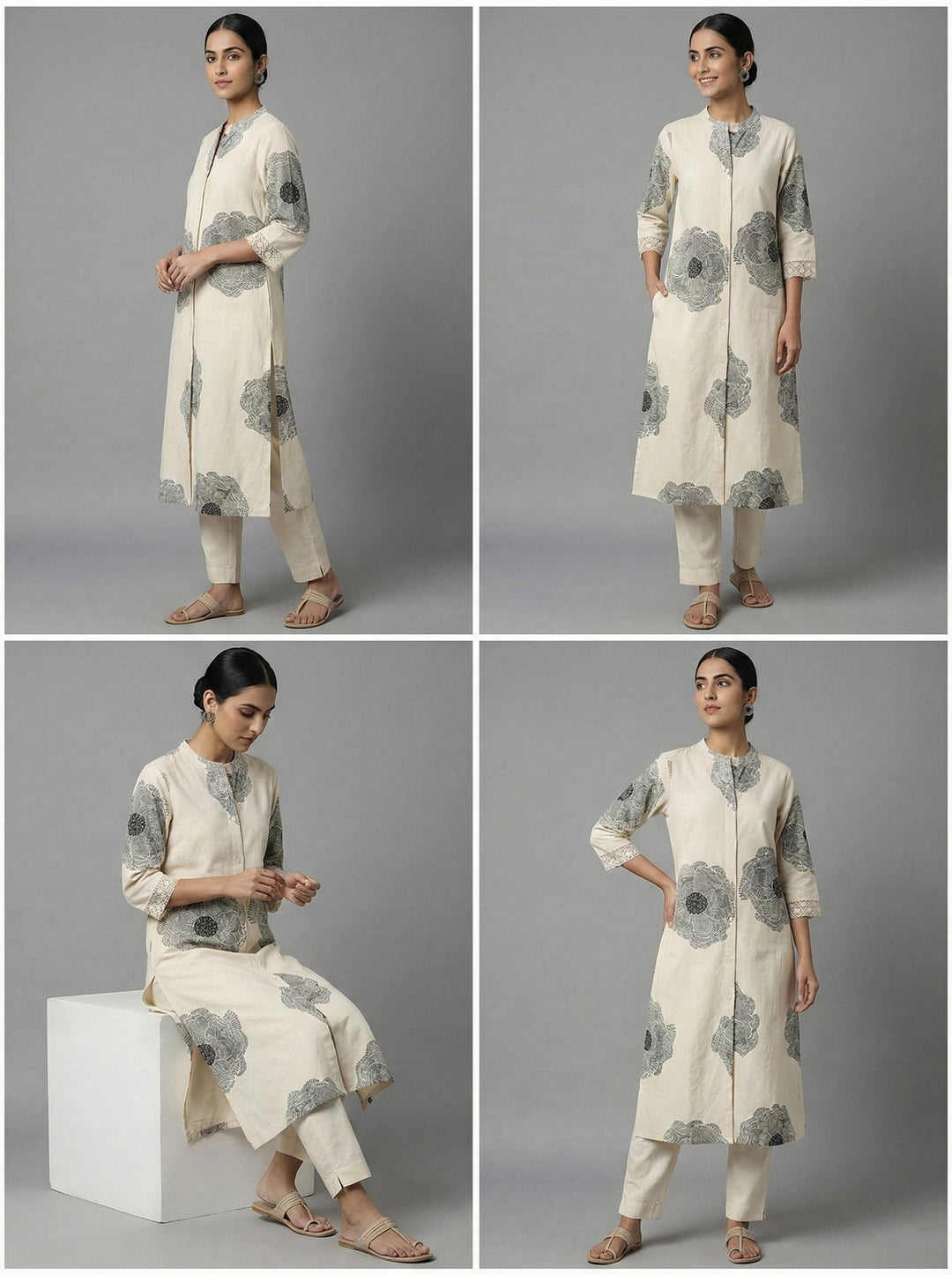 Neerus Grey cotton digital printed floral kurta - side view