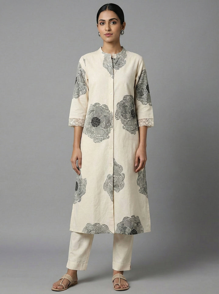 Neerus Grey cotton digital printed floral kurta - front view