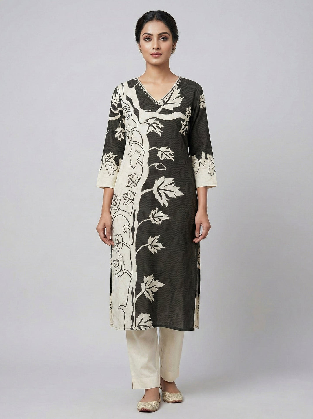 Neerus Black rayon digital printed floral kurti - front view