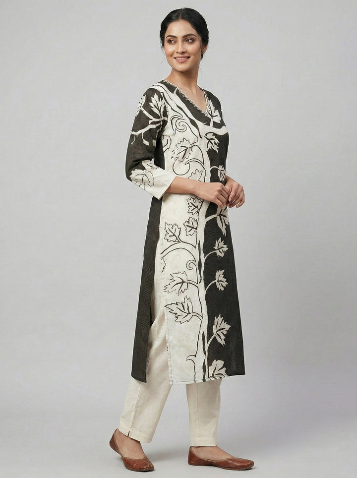 Neerus Black rayon digital printed floral kurti - back view
