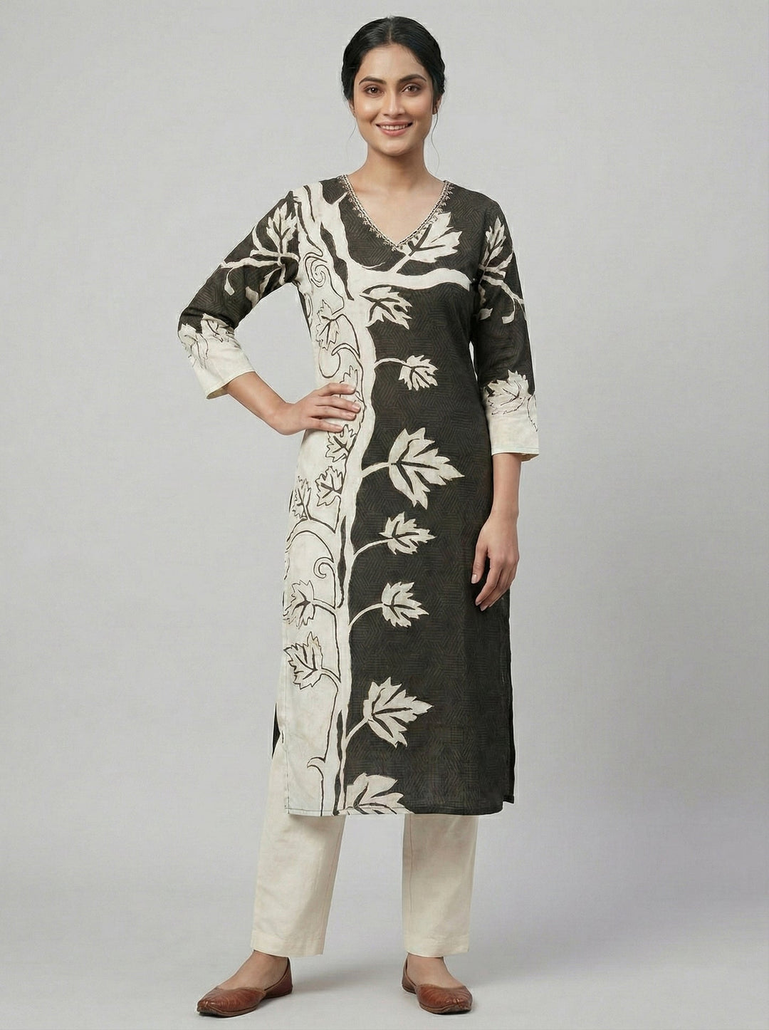 Neerus Black rayon digital printed floral kurti - detail view 2