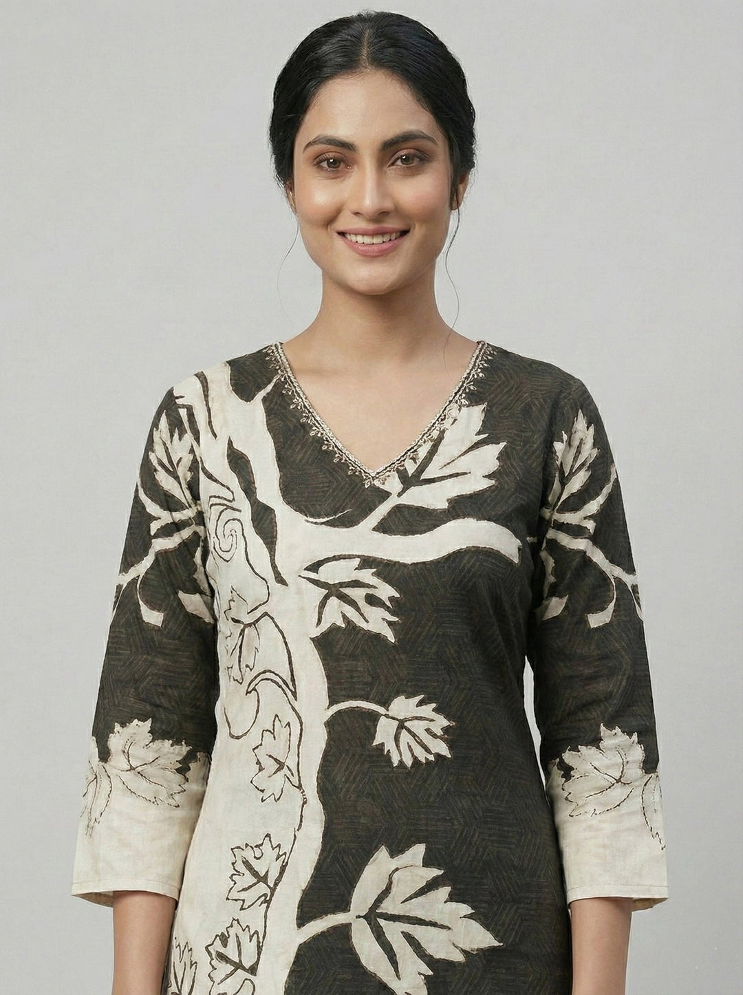 Neerus Black rayon digital printed floral kurti - detail view 1