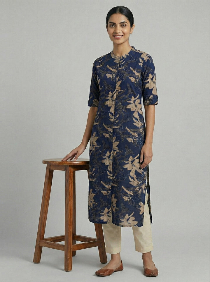 Neerus Blue modal digital printed kurta - front view