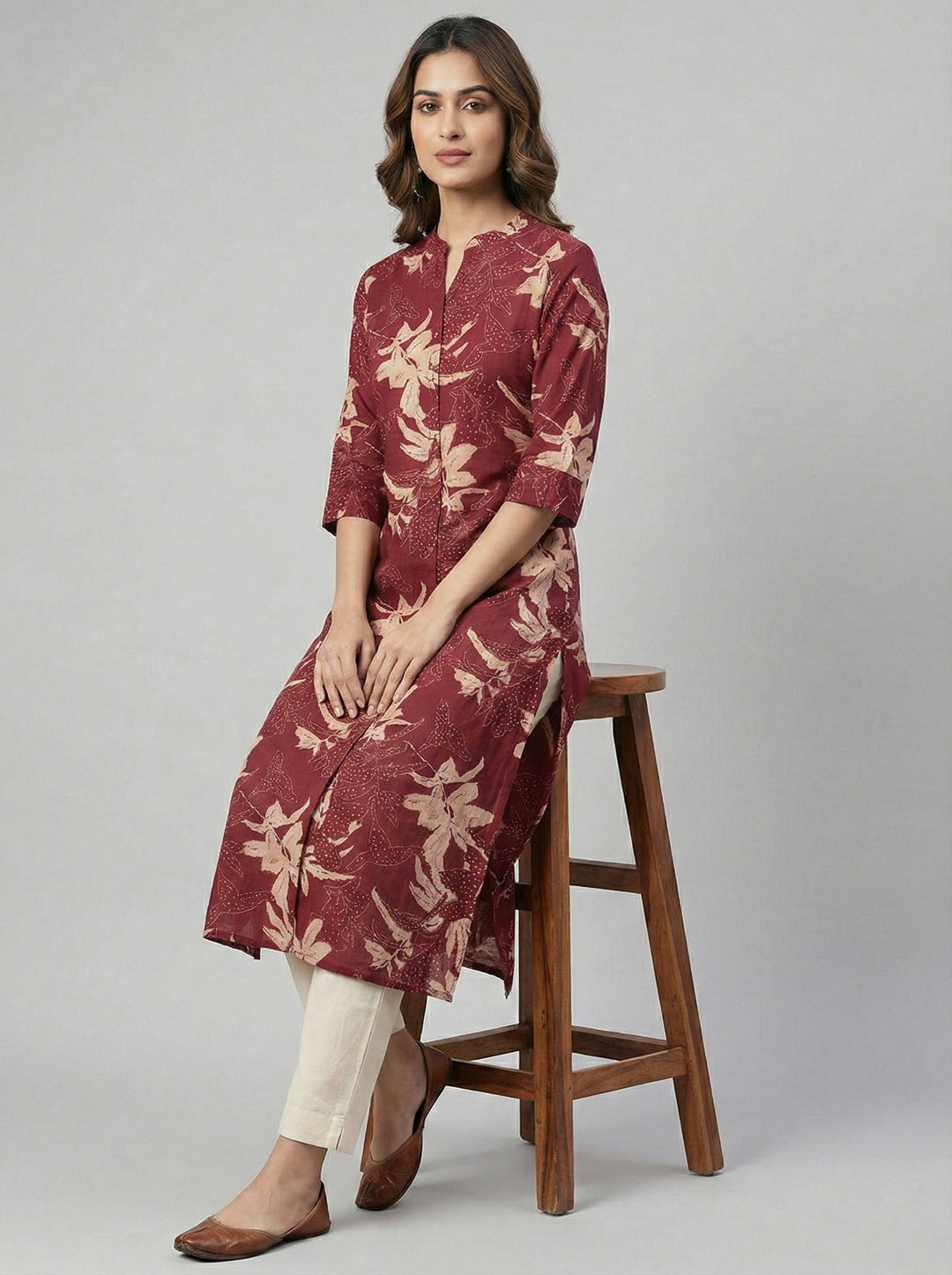 Neerus Maroon modal digital printed kurta - front view