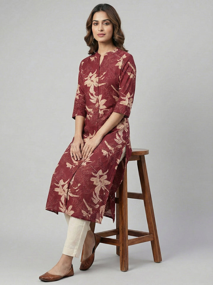 Neerus Maroon modal digital printed kurta - front view