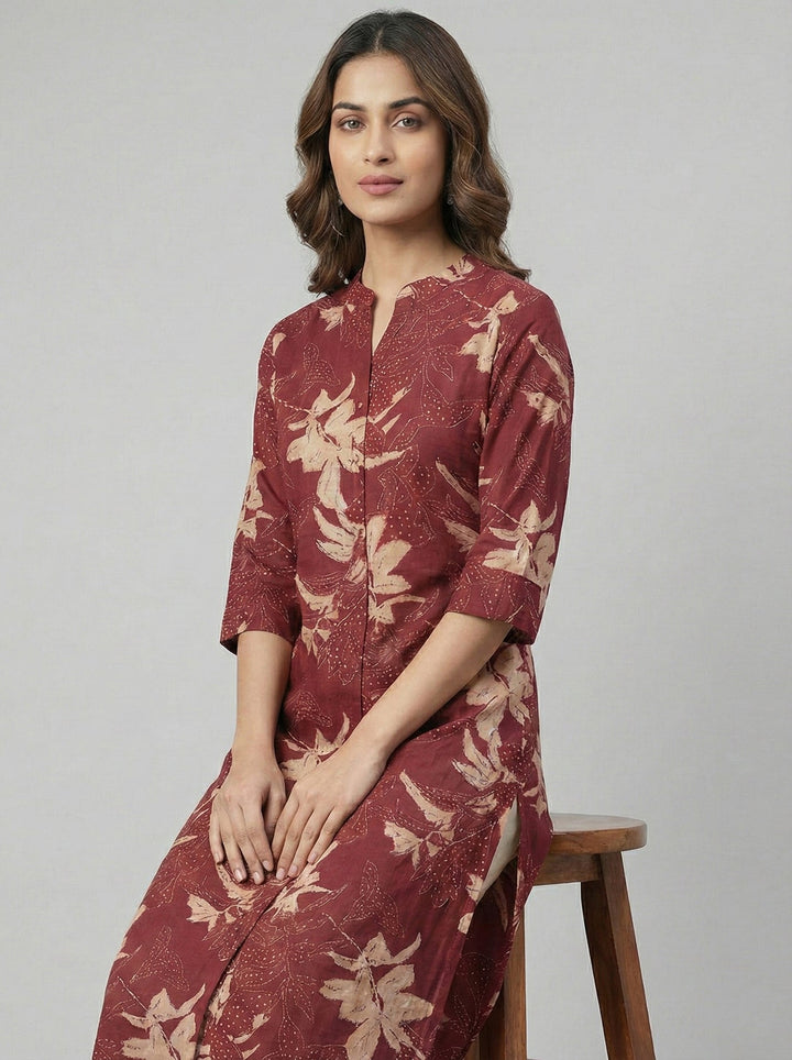 Neerus Maroon modal digital printed kurta - side view