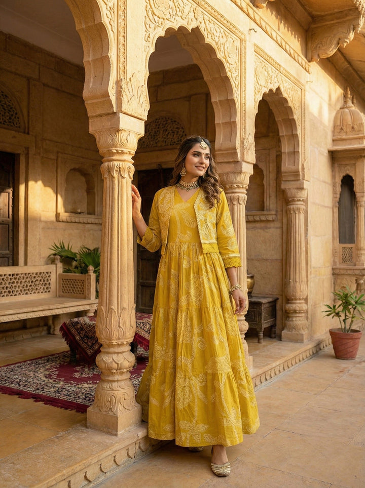 Neerus Yellow cotton digital printed suit set - front view