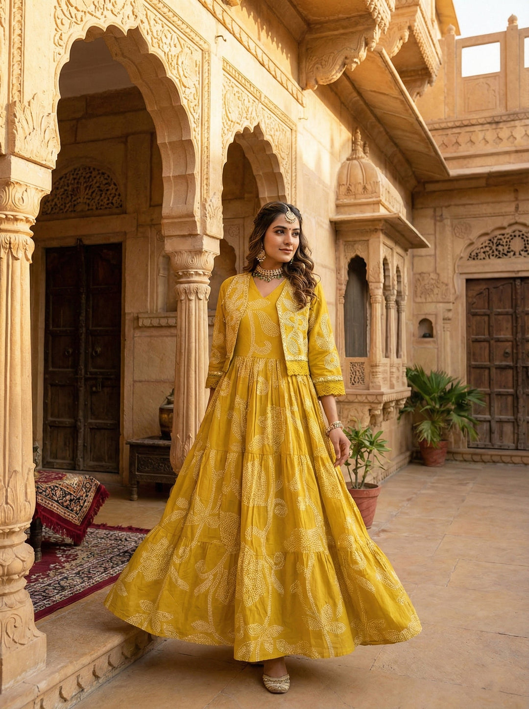 Neerus Yellow cotton digital printed suit set - side view
