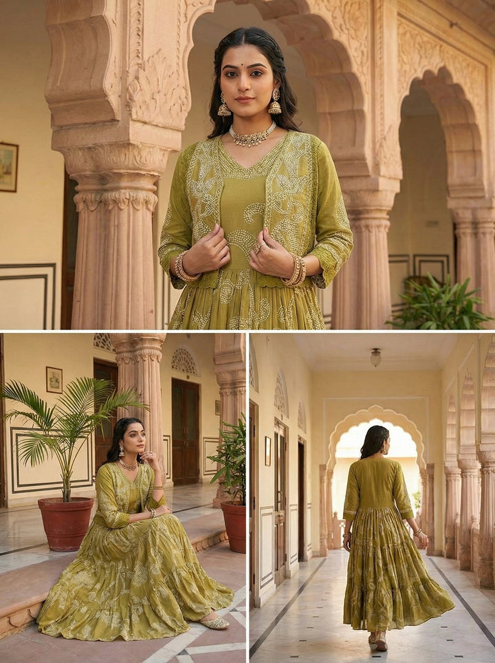 Neerus Green cotton digital printed suit set - side view