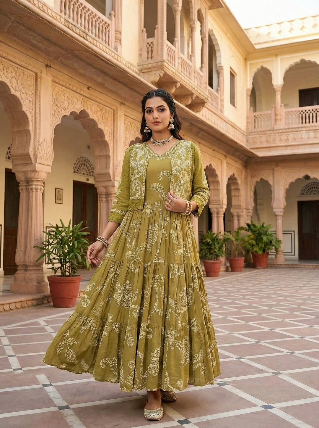 Neerus Green cotton digital printed suit set - front view