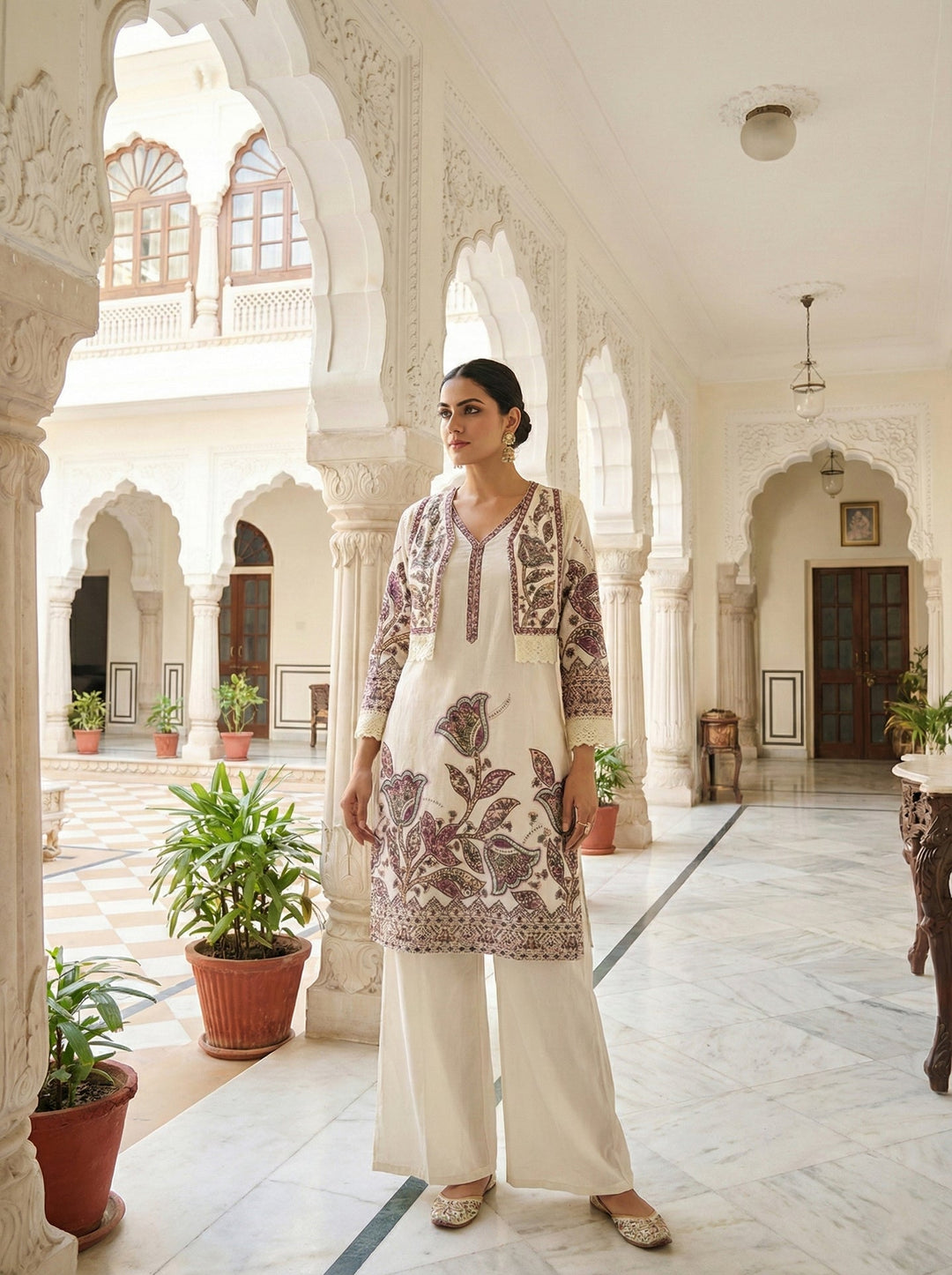 Neerus Maroon cotton embroidered suit set - front view