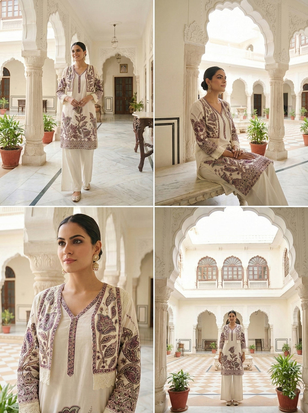 Neerus Maroon cotton embroidered suit set - side view