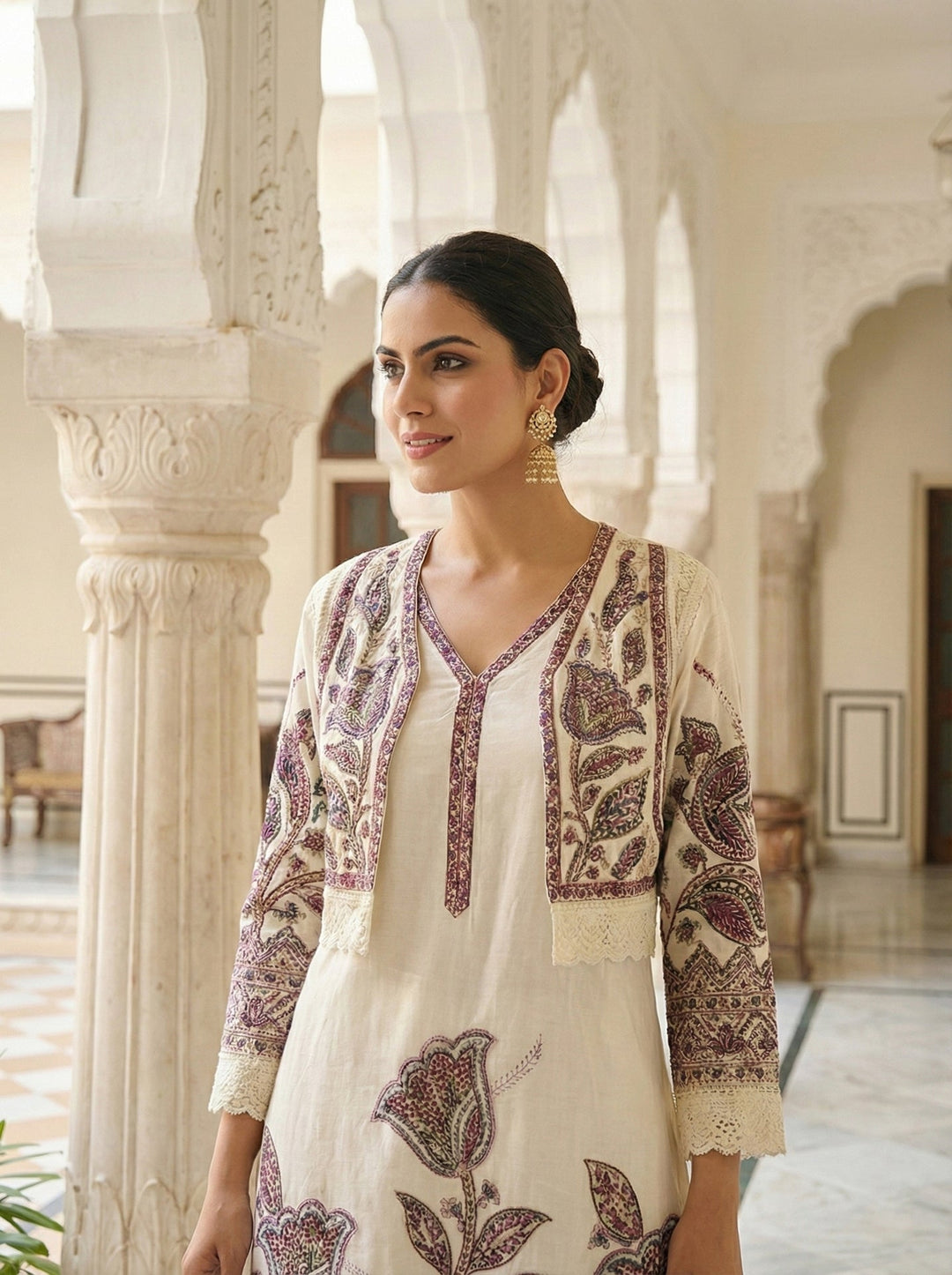Neerus Maroon cotton embroidered suit set - back view