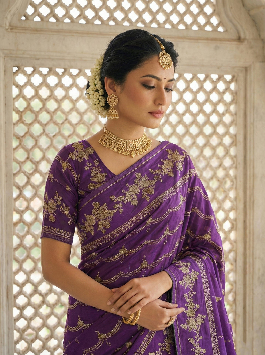 Neerus Purple tissue digital printed saree - back view