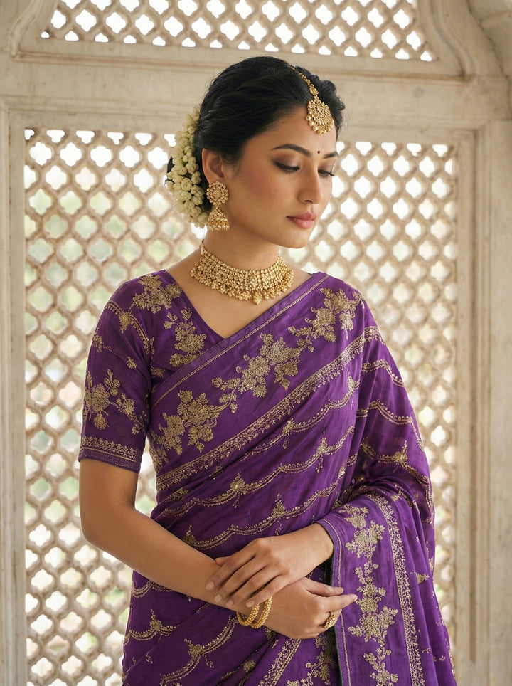 Neerus Purple tissue digital printed saree - back view