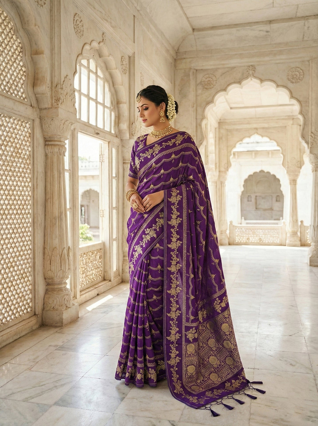 Neerus Purple tissue digital printed saree - front view