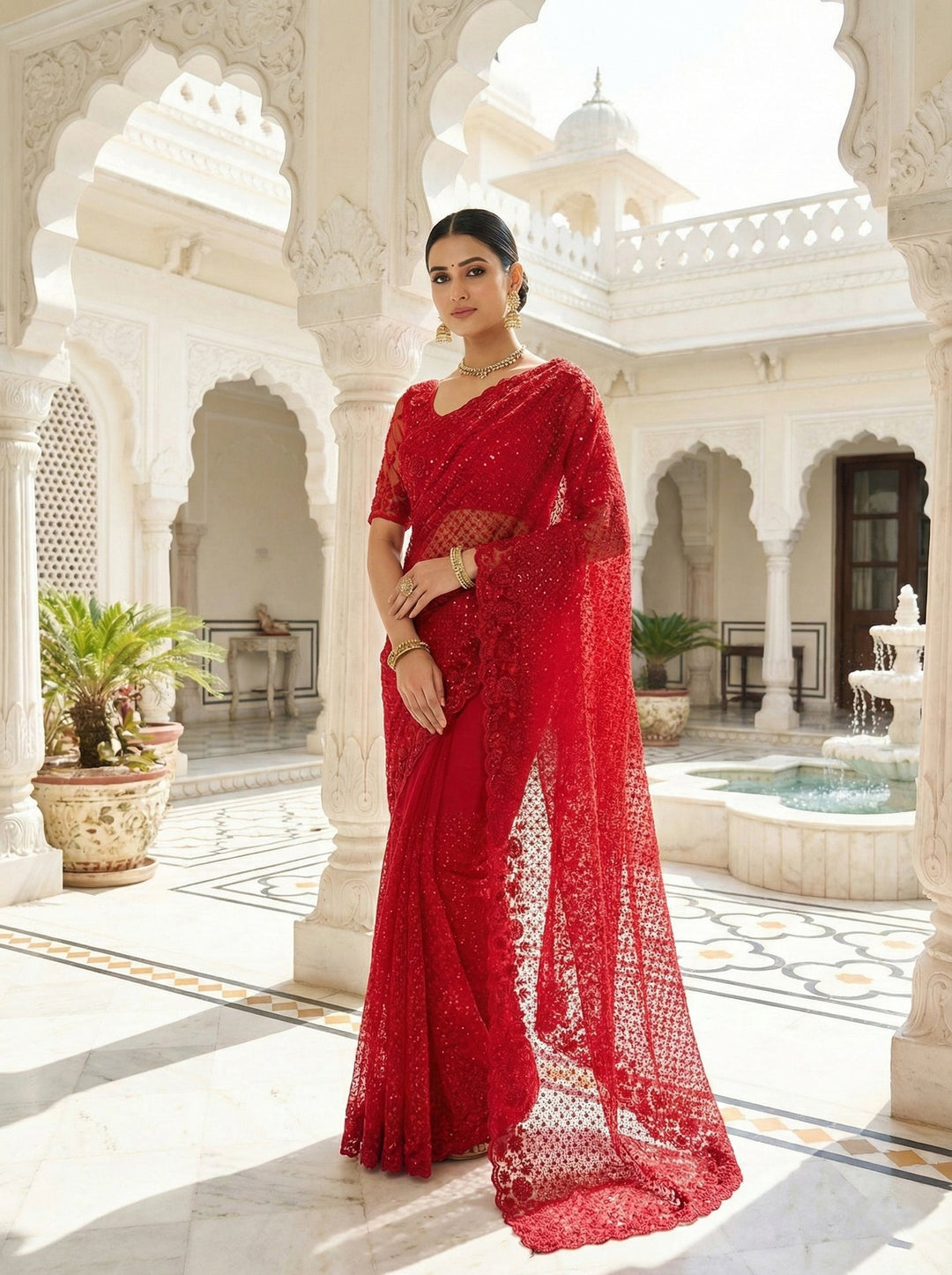 Neerus Red net hand embroidered saree - front view