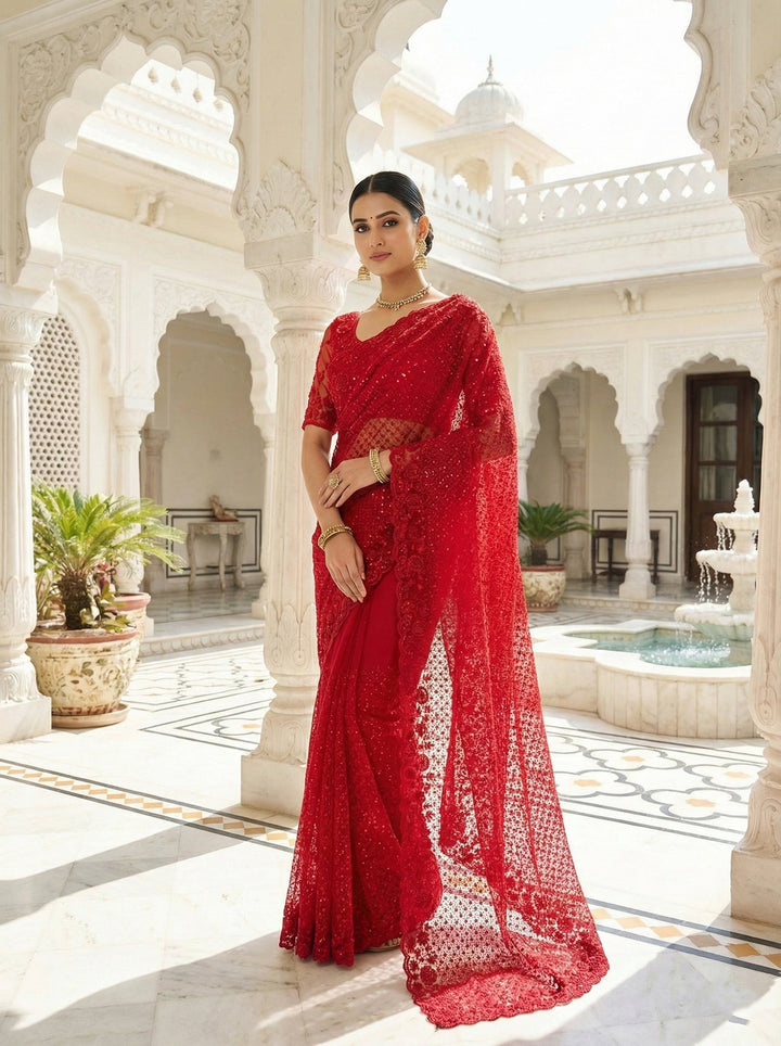 Neerus Red net hand embroidered saree - front view